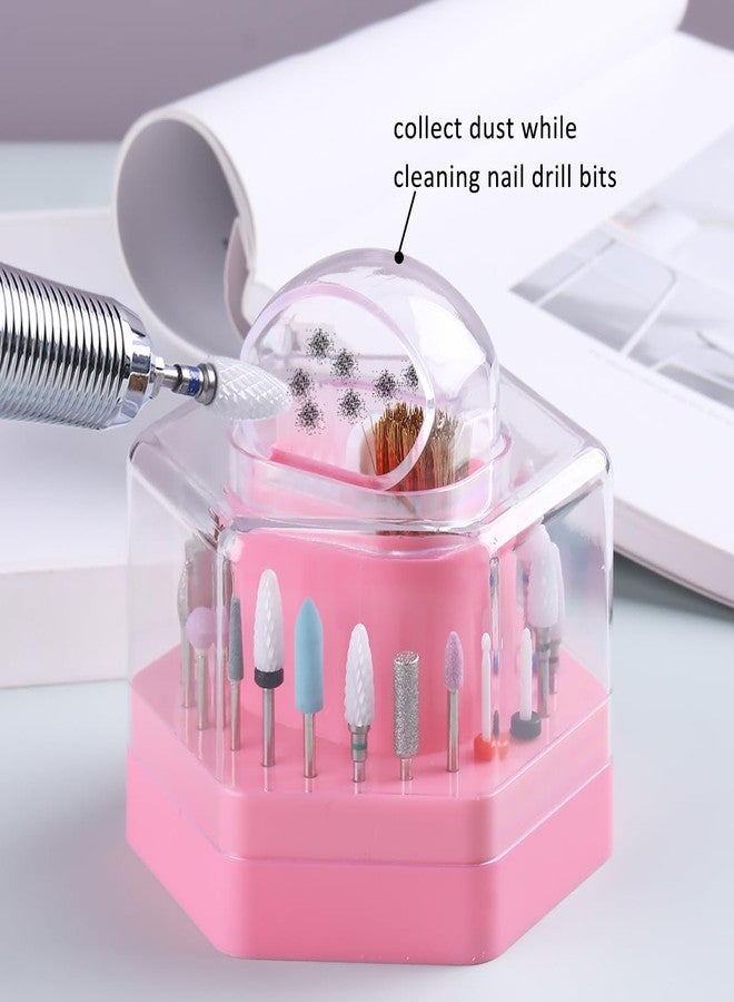 Fcozpjk 2 in1 Nail Drill Bit Holder and Nail Drill Bits Cleaner Brush Case, 24 Holes Pink Nail Drill Bit Holder Stand Display Organizer Dust Proof Storage Container Box Case Nail Tech Supplies - Image 4